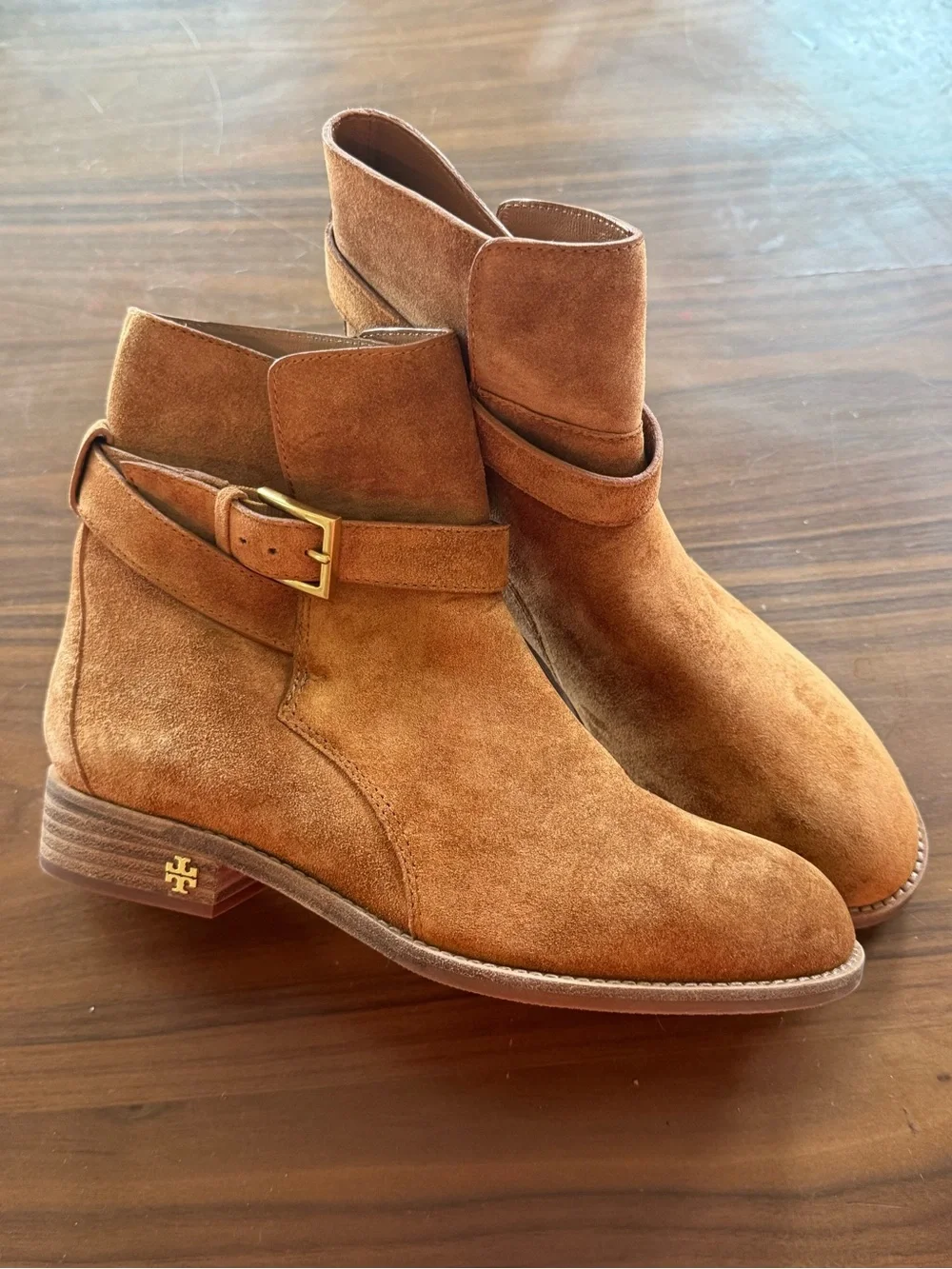 Tory Burch Brooke Ankle Boots Tan Suede Riding Booties Double-T Buckle 7.5 NWOT